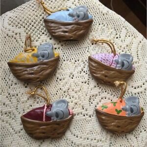 5 Vintage Ceramic Handpainted Mice Sleeping In A Walnut Christmas Tree Ornament